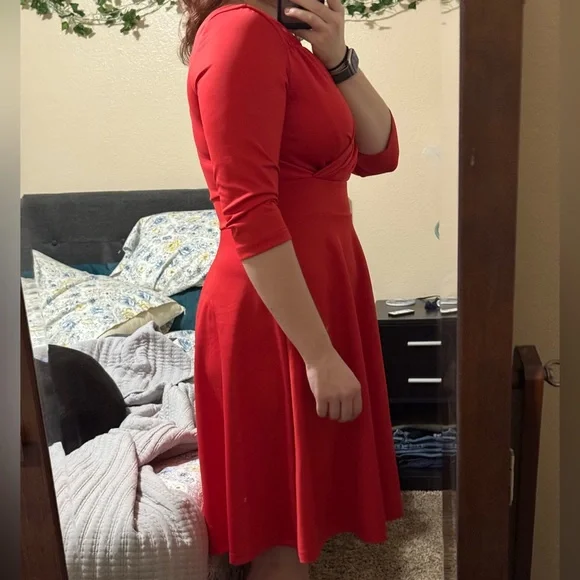 Red Fit and Flare Midi Dress with Wrapped Front V-Neck - Picture 2 of 5